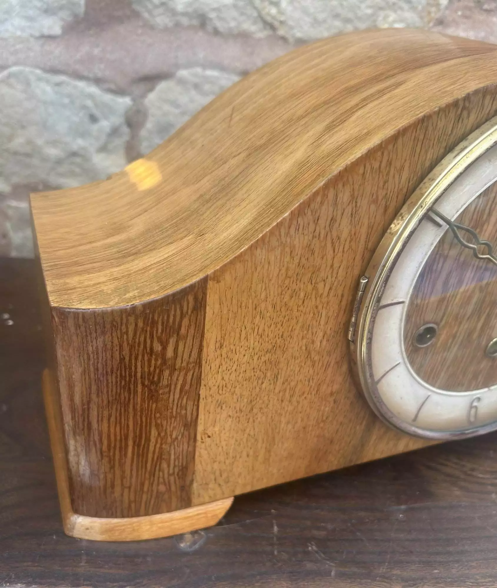 Stylish Walnut Art Deco Hat Shaped Westminster Chime Mantel clock, ca 1940, view 5