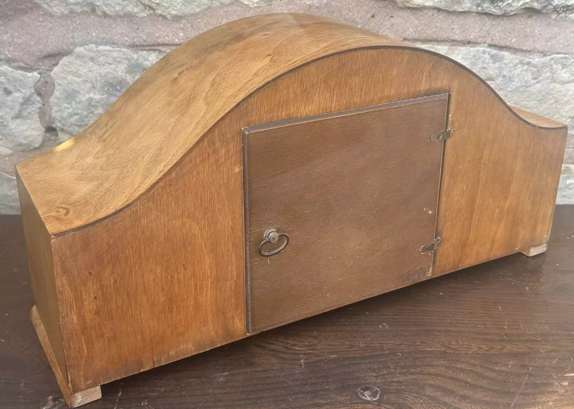 Stylish Walnut Art Deco Hat Shaped Westminster Chime Mantel clock, ca 1940, view 6