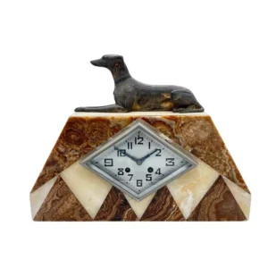Beautiful French Art Deco Marble & Greyhound Dog Figural Mantel Clock, ca1920