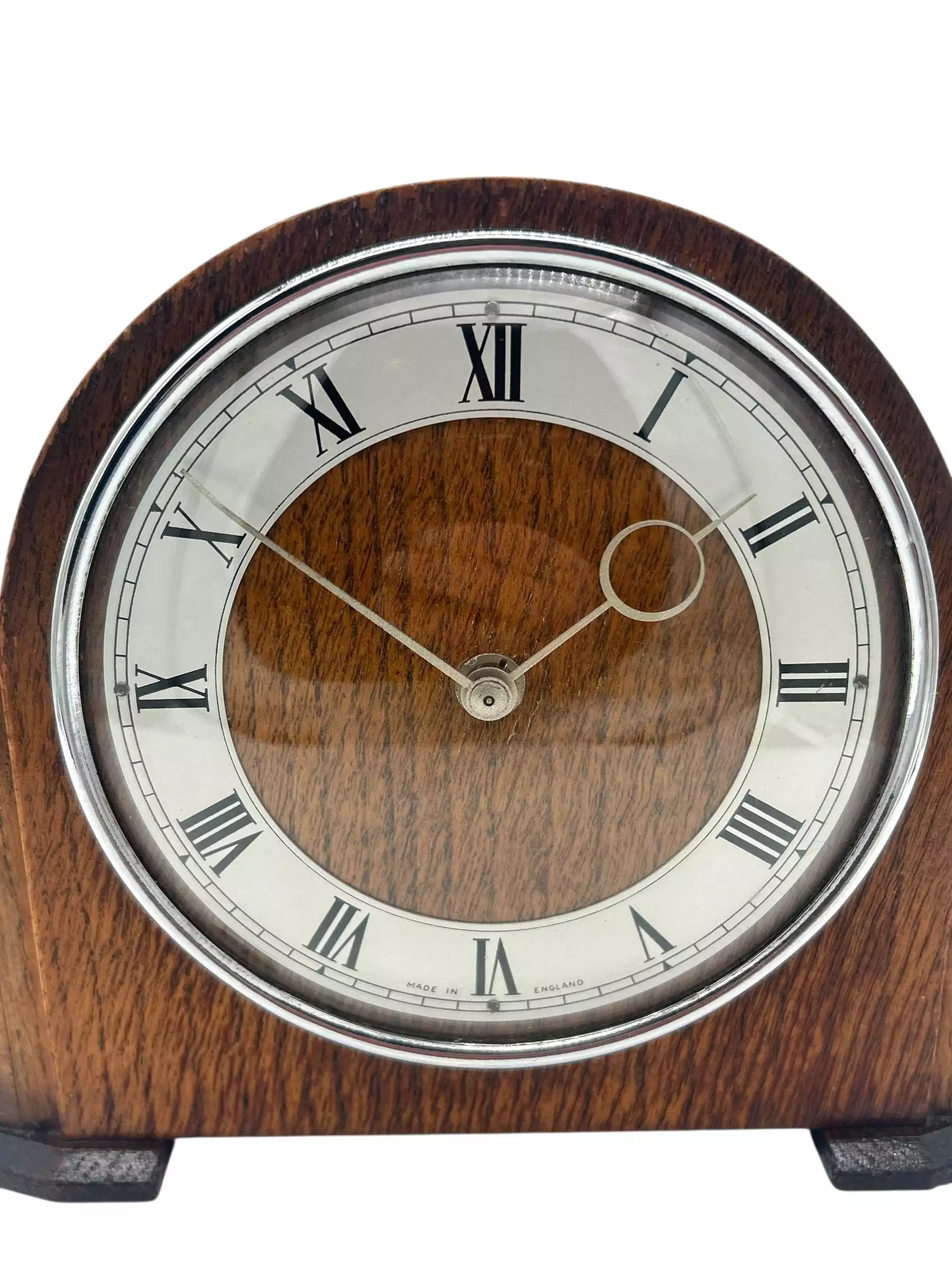 Wonderful Vintage English art deco oak case mantel clock, ca1950s, view 6