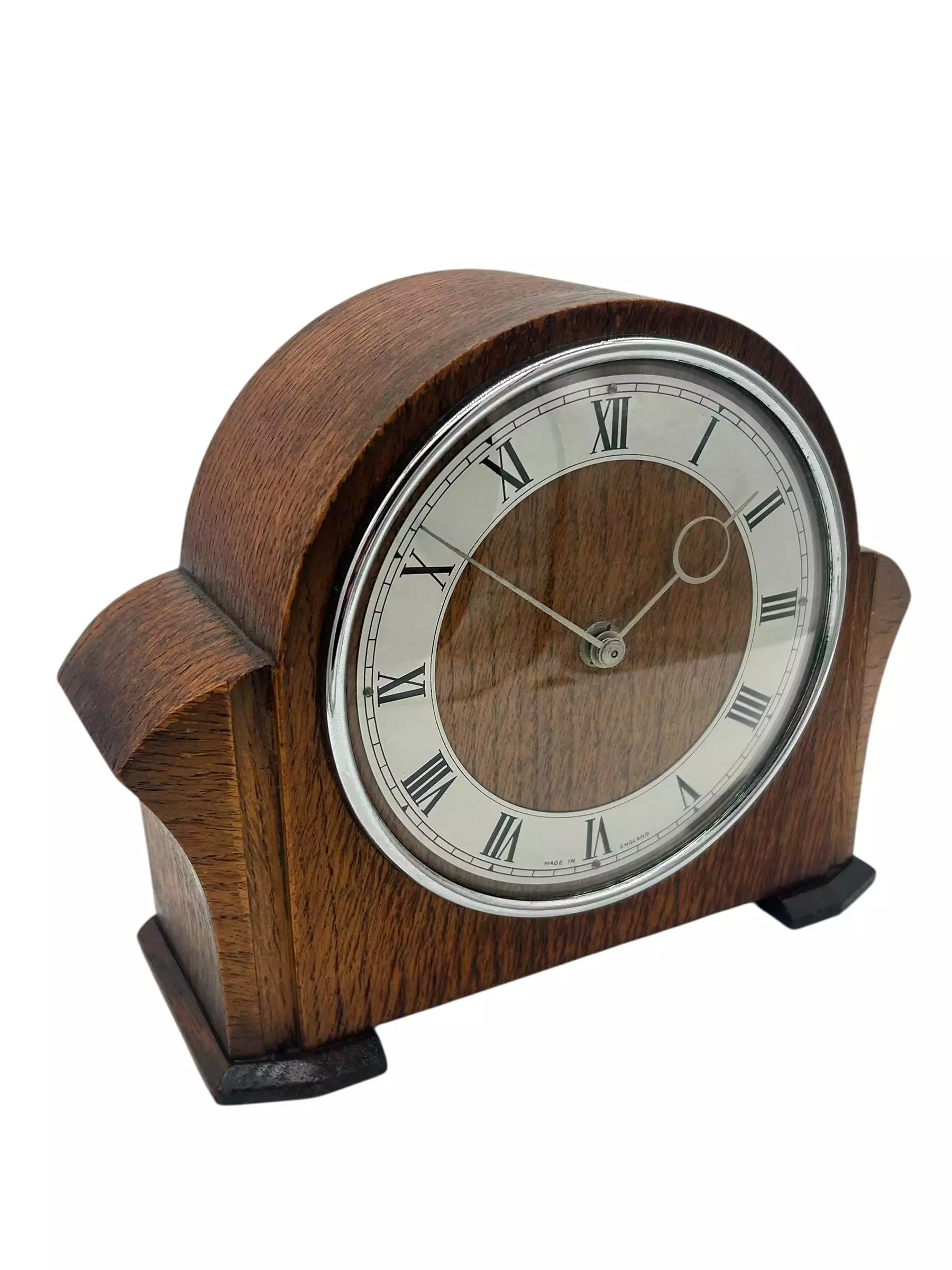 Wonderful Vintage English art deco oak case mantel clock, ca1950s, view 7