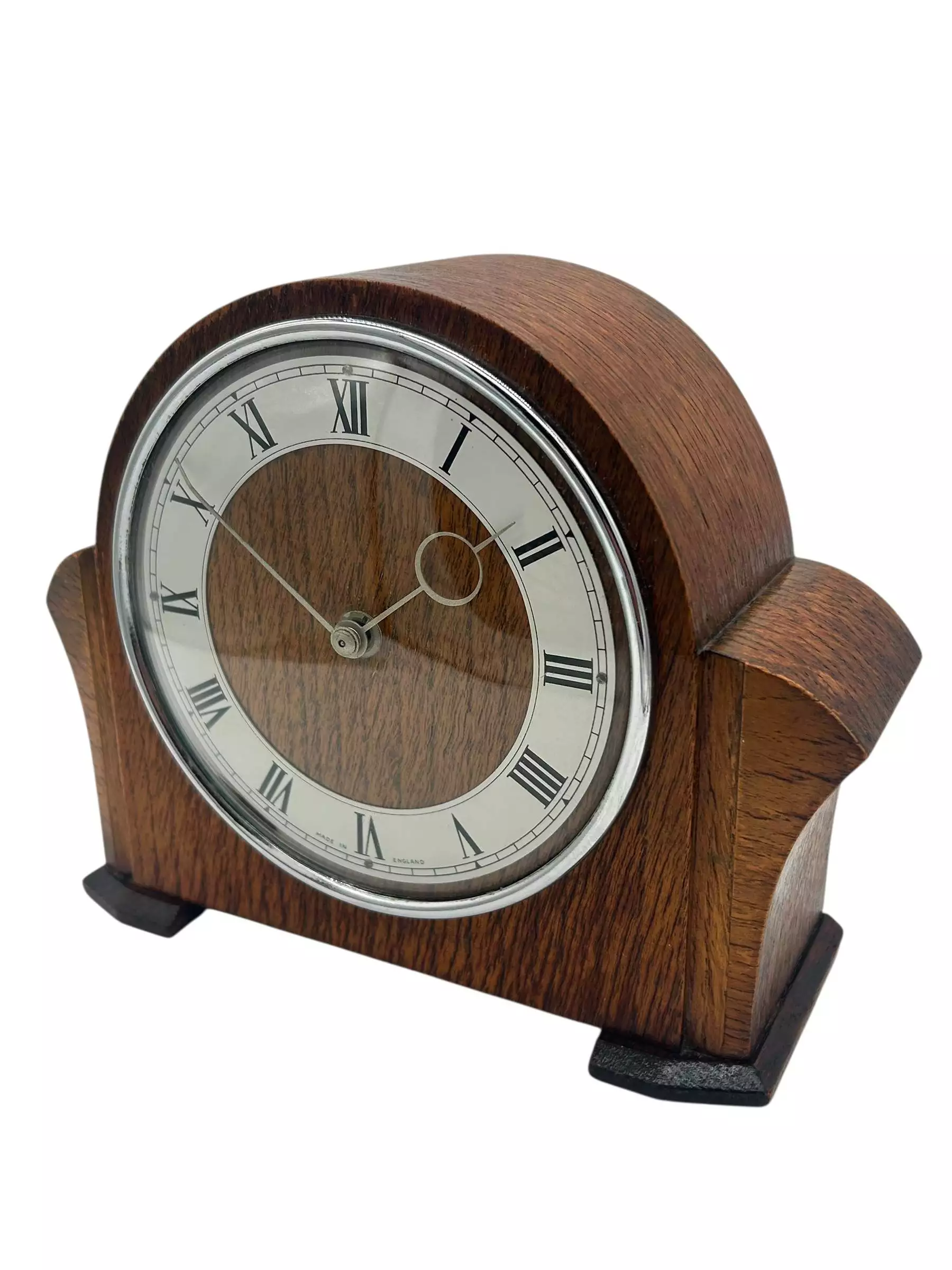 Wonderful Vintage English art deco oak case mantel clock, ca1950s, view 8