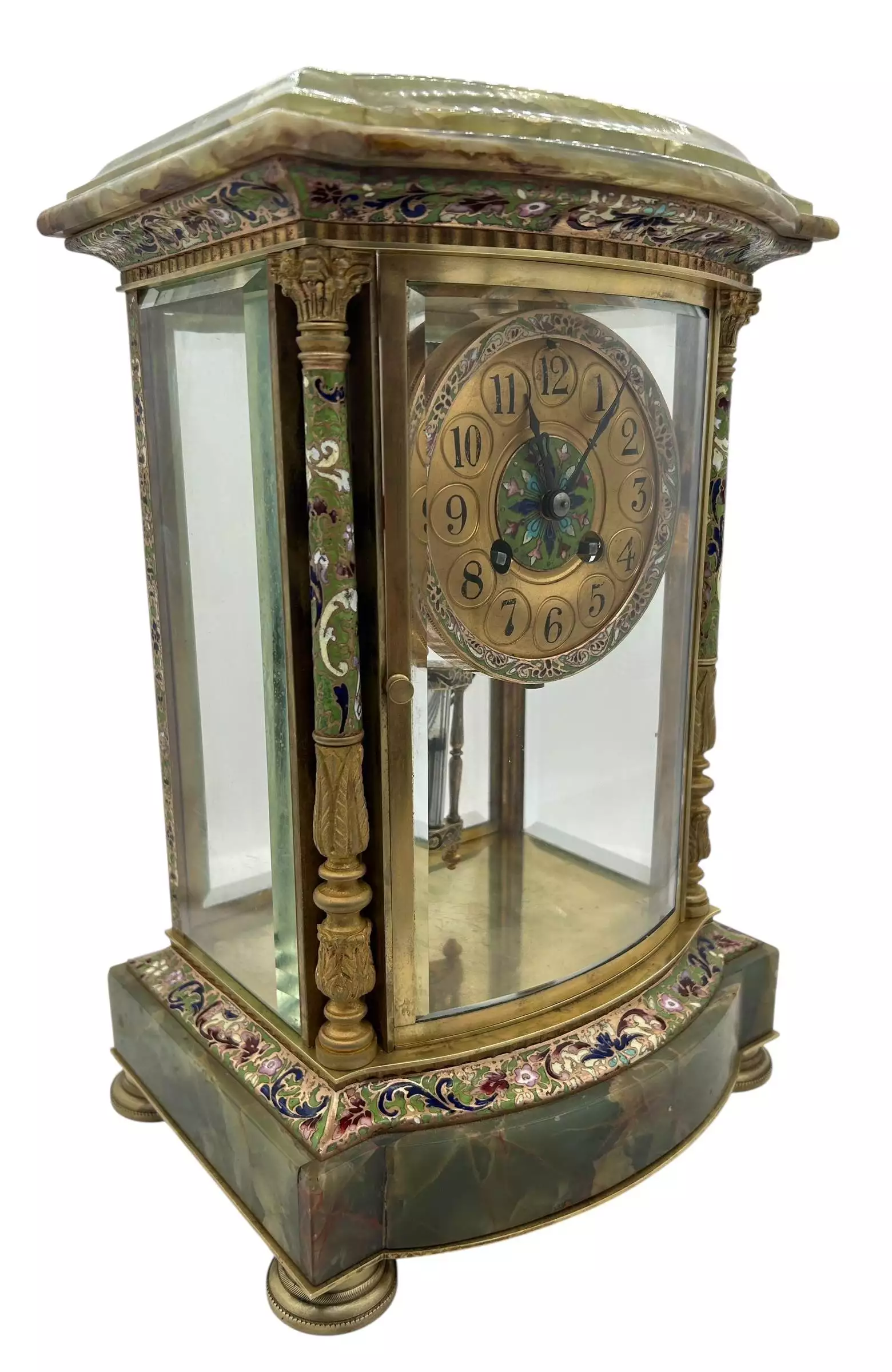 French Regulator 4 glass & green onyx champleve case Mantel clock, ca1880, view 6