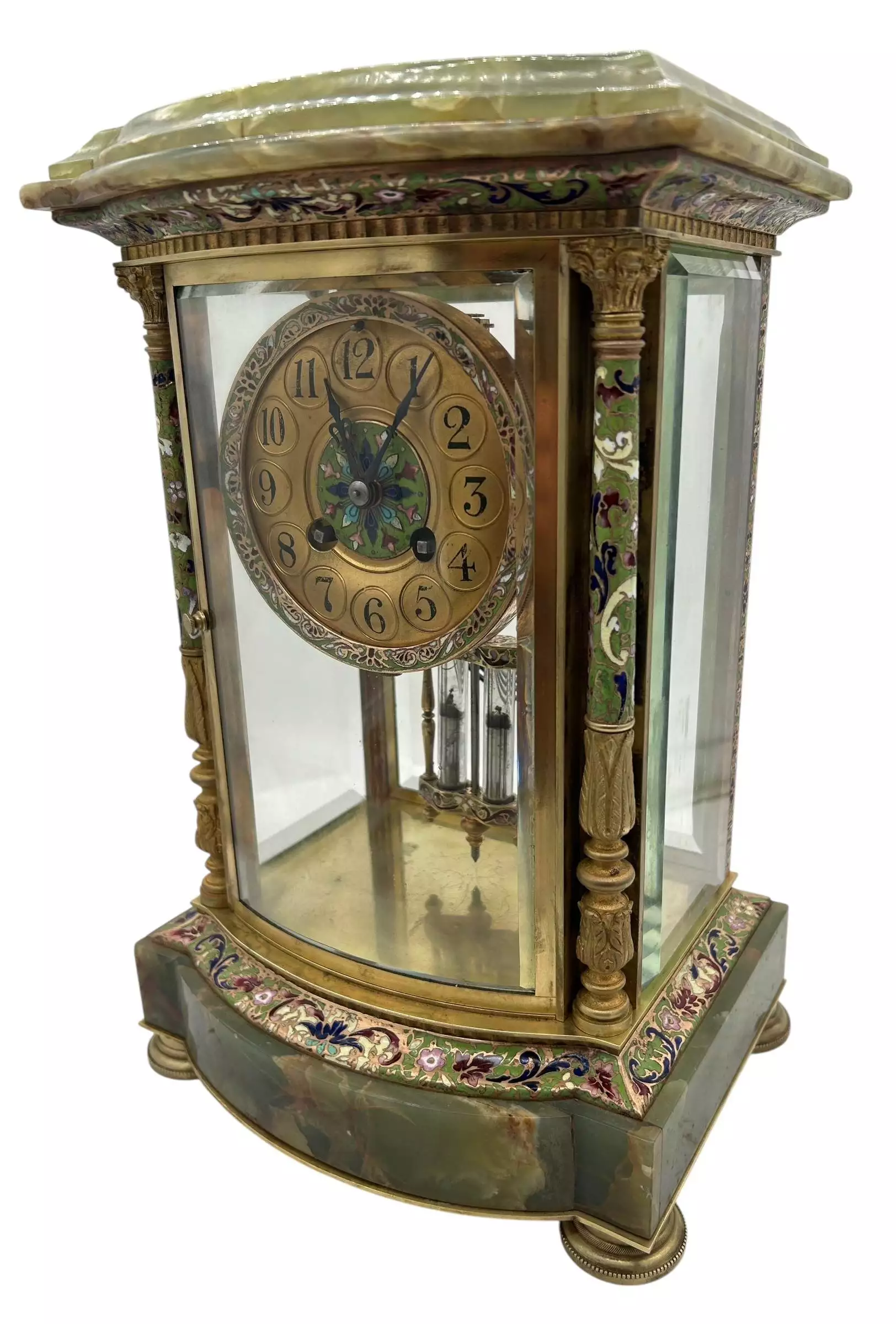French Regulator 4 glass & green onyx champleve case Mantel clock, ca1880, view 12