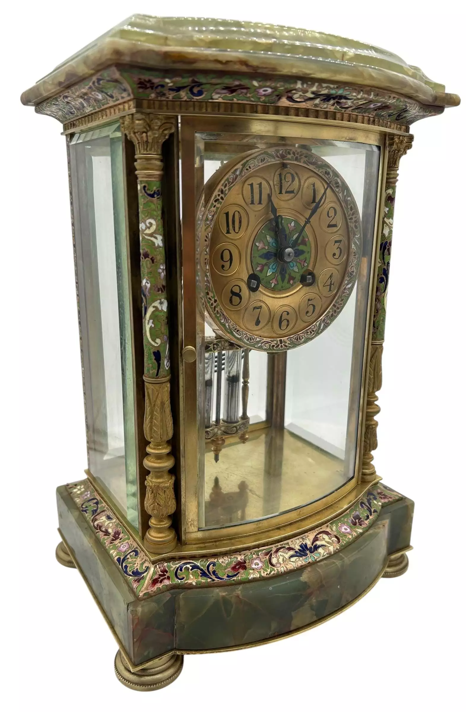 French Regulator 4 glass & green onyx champleve case Mantel clock, ca1880, view 2