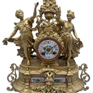 Charming French Gilt Figural pink sevres Mantel Clock, ca1890