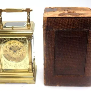 French 8-Day Etched Carriage Clock With Original Leather Case, view 2