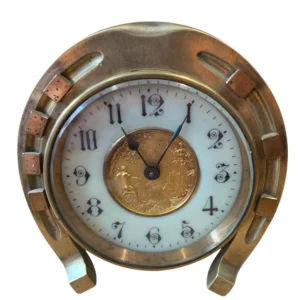 Fabulous Antique Novelty Be Lucky horseshoe Mantel Clock, ca1900
