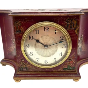 Interesting Red Chinoiserie Mantel Clock, Gilt Gold Decoration Silver Dial 8-day Clock