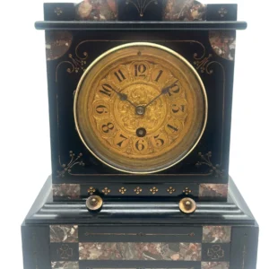 French Slate Mantel Clock - Marble and gilt inlay - Embossed Gilt Dial - C1900