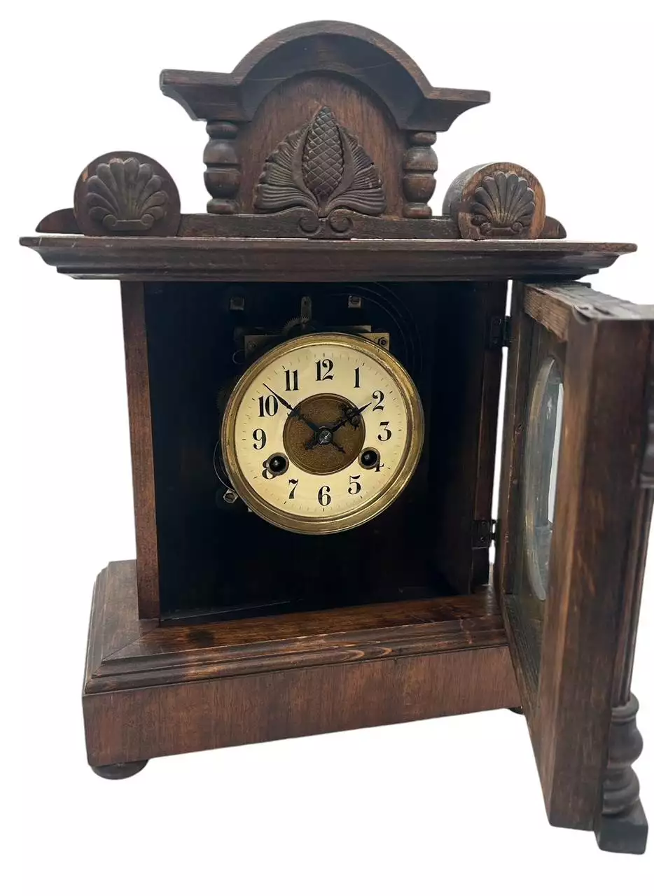 Fine German 8-Day Hand Carved Walnut Case Mantel Clock, ca 1890, view 3
