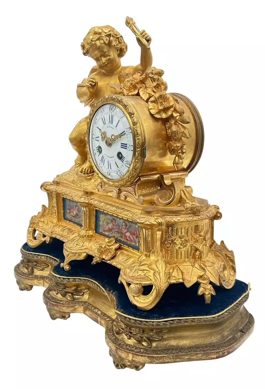 Fine Green Antique Hand painted Chinoiserie mantel Clock C1900, view 3