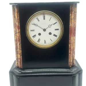 Antique Victorian Black Slate & Marble Mantel Clock, Intricate Enamel Dial & 8-Day Gong Strike (c.1900)