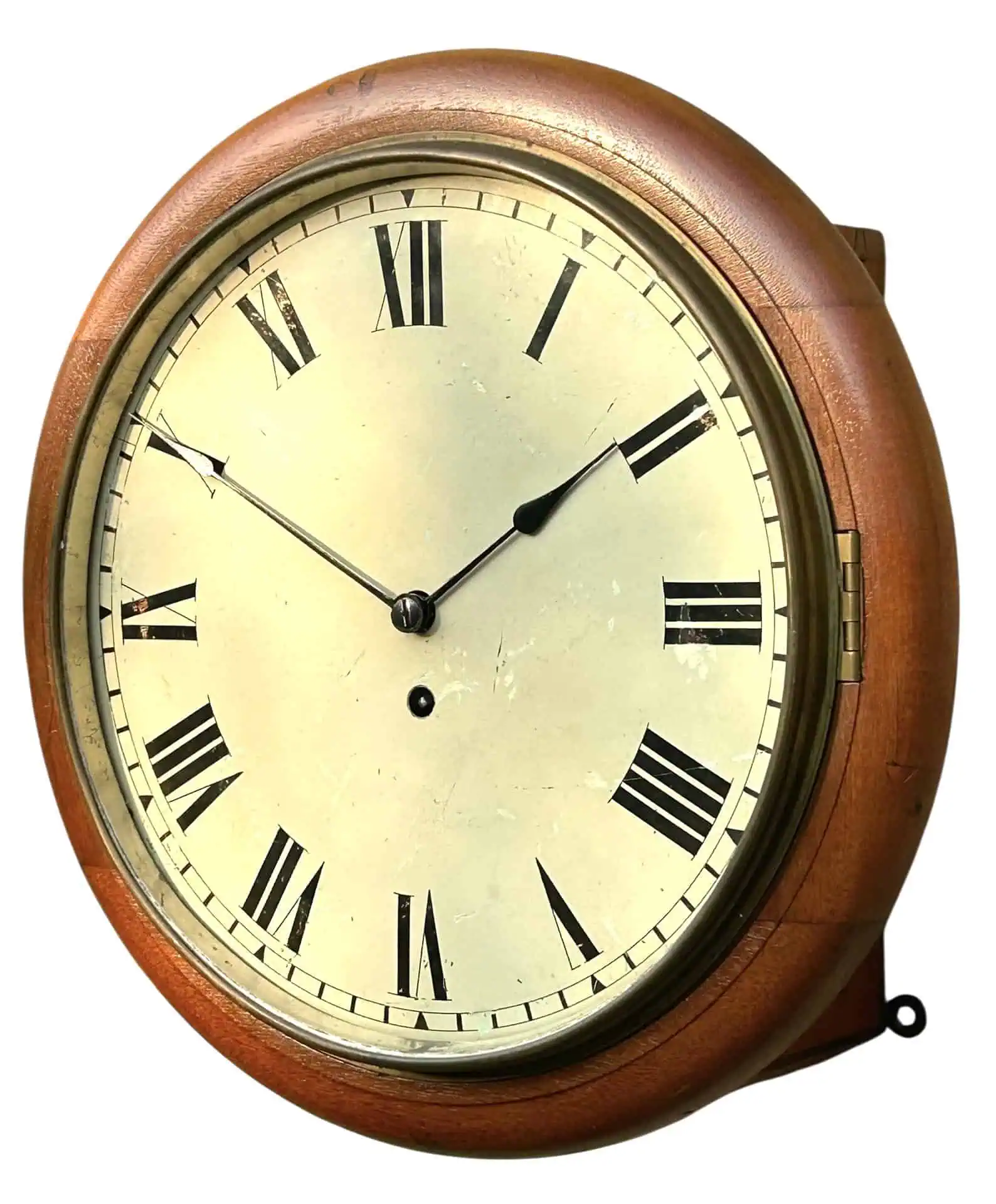 Antique 12-Inch English Fusee Dial Wall Clock, Walnut Case & Back Box, c.1900 Mechanical Timepiece, view 5