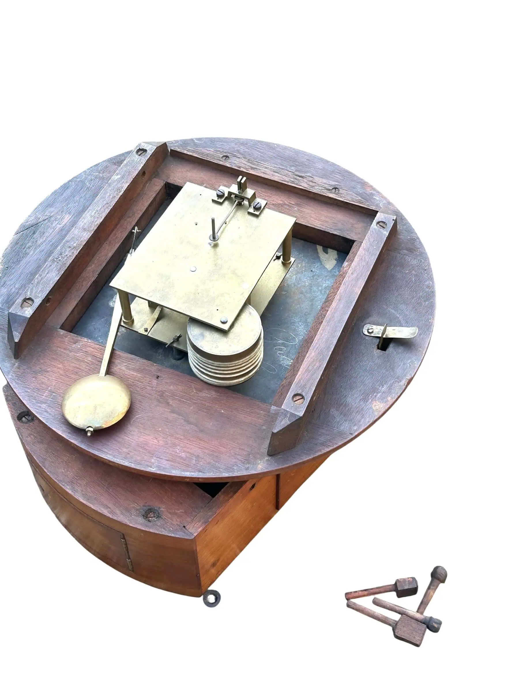 Antique 12-Inch English Fusee Dial Wall Clock, Walnut Case & Back Box, c.1900 Mechanical Timepiece, view 4