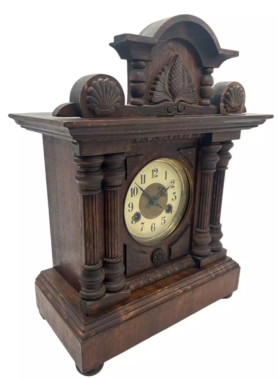 Fine German 8-Day Hand Carved Walnut Case Mantel Clock, ca 1890, view 8