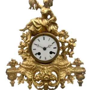 Antique French Gilt Spelter Mantel Clock, Allegorical Harvest & Fishing Figural Timepiece (c.1890)