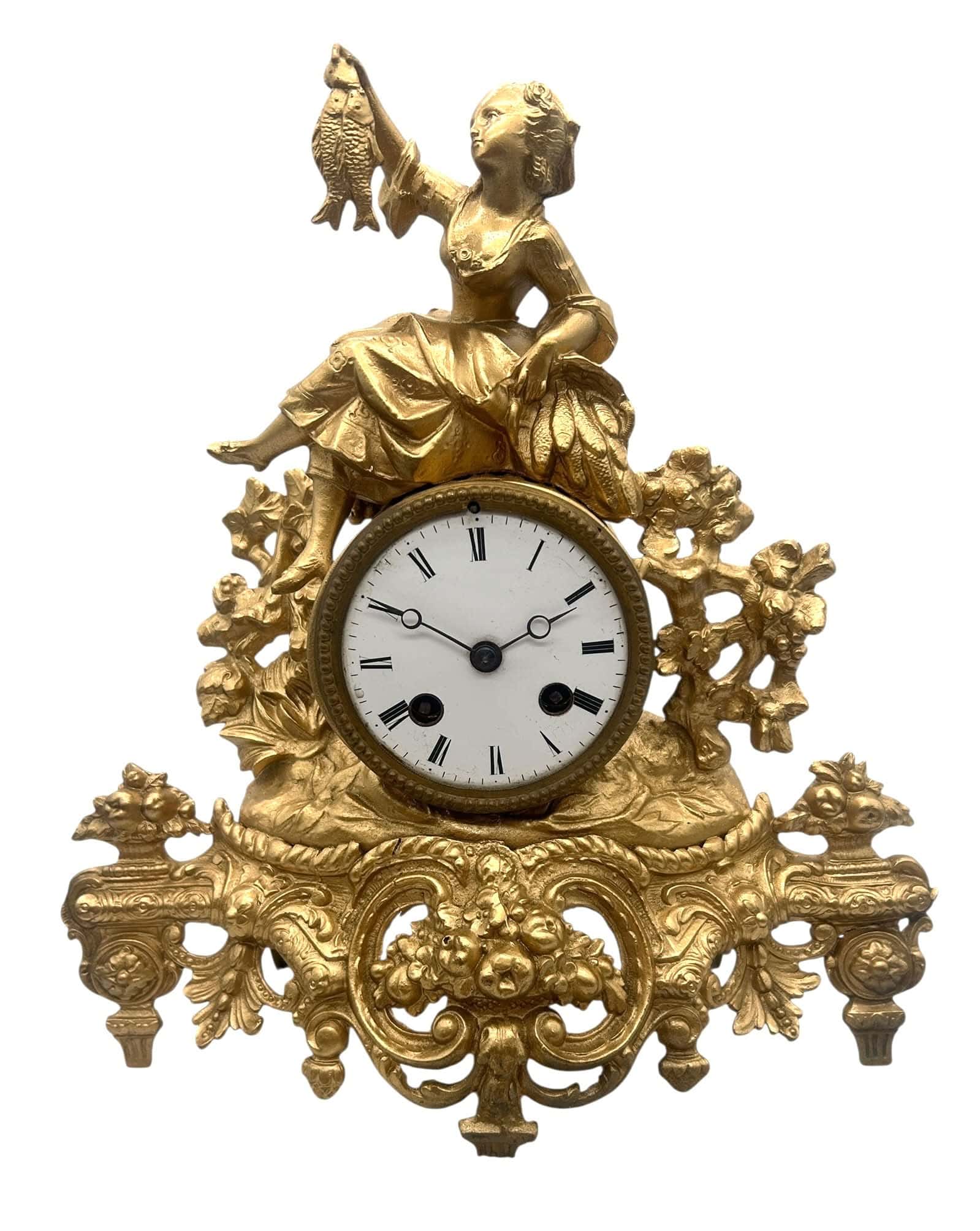 Antique French Gilt Spelter Mantel Clock – Allegorical Harvest & Fishing Figural Timepiece (c.1890)