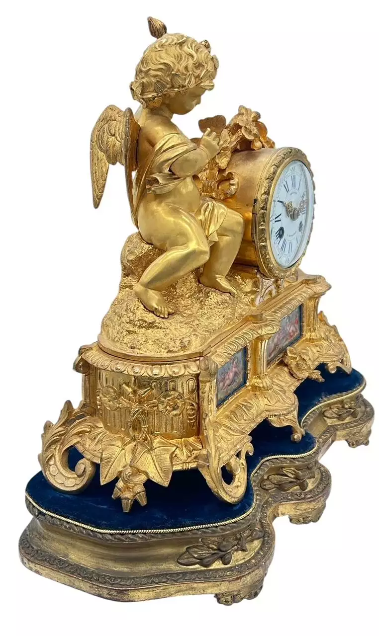 Fine Green Antique Hand painted Chinoiserie mantel Clock C1900, view 8