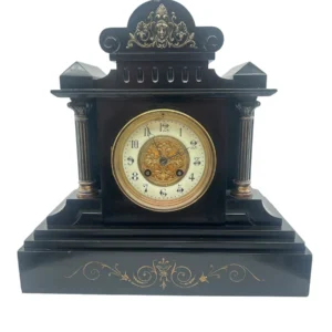 Antique Victorian Black Slate & Marble Mantel Clock, Intricate Brass Dial & 8-Day Gong Strike