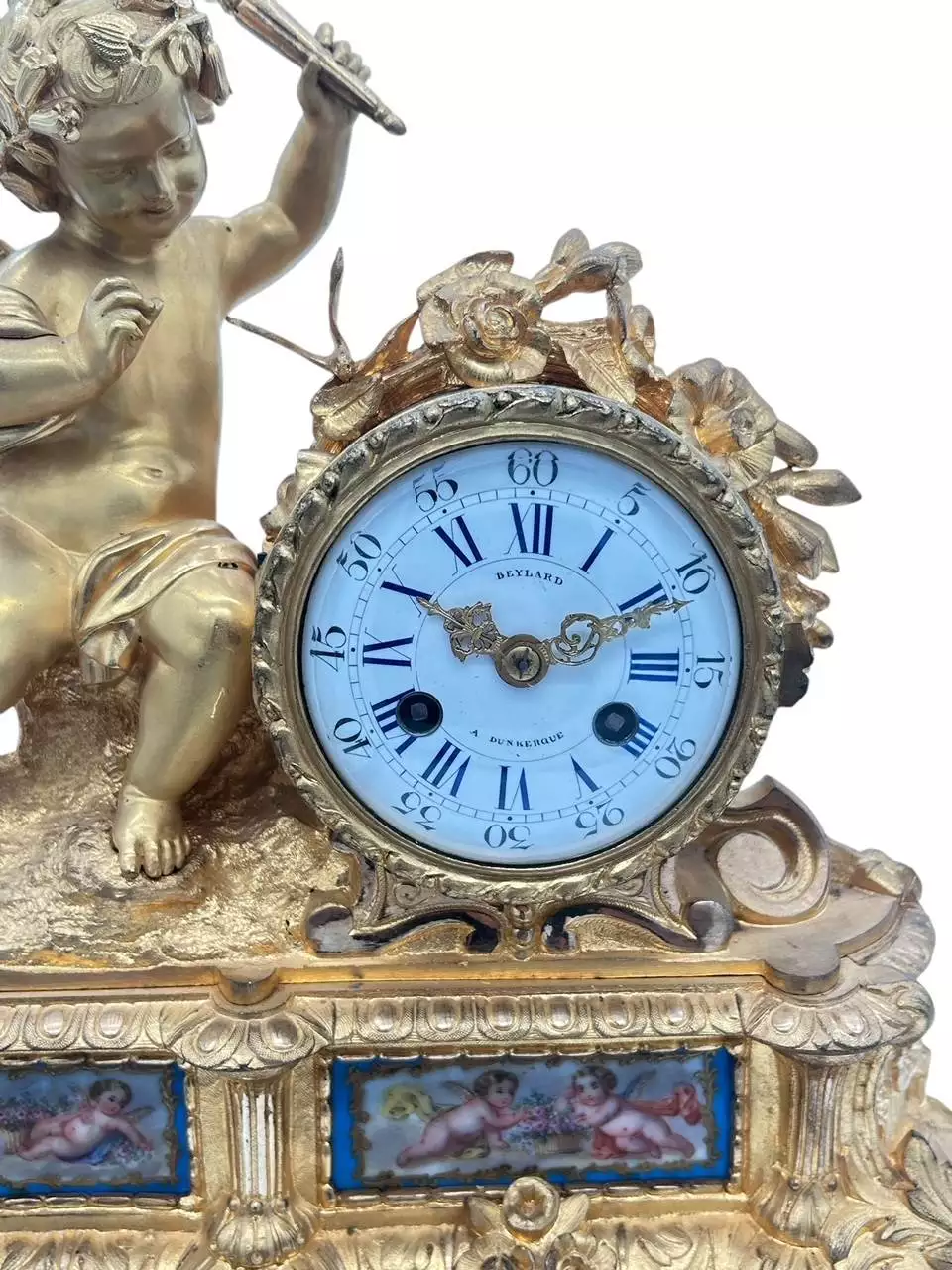 Fine Green Antique Hand painted Chinoiserie mantel Clock C1900, view 11