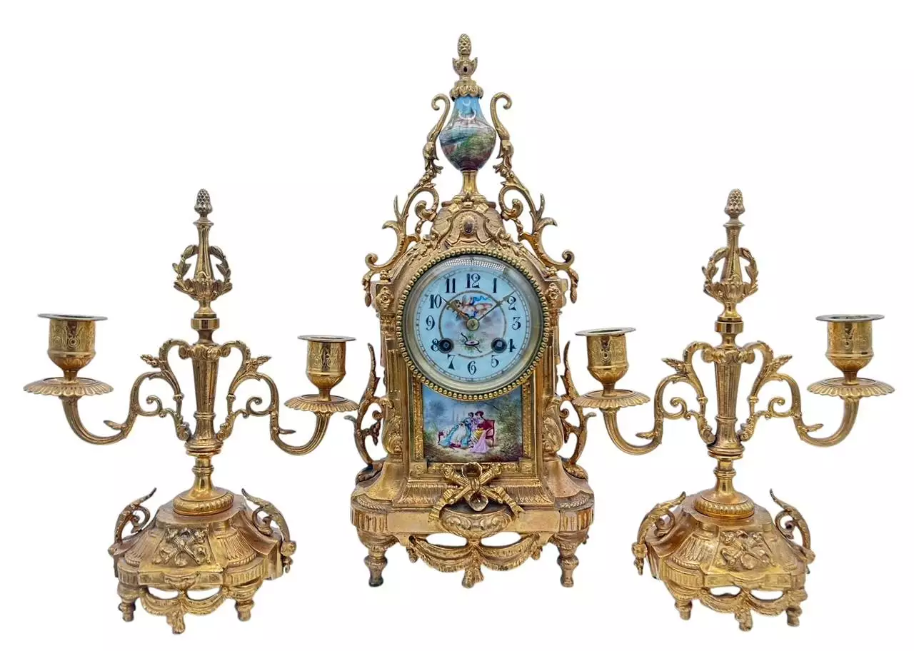 Stunning antique French 3-piece Mantel clock & candelabra set, ca1890, view 14