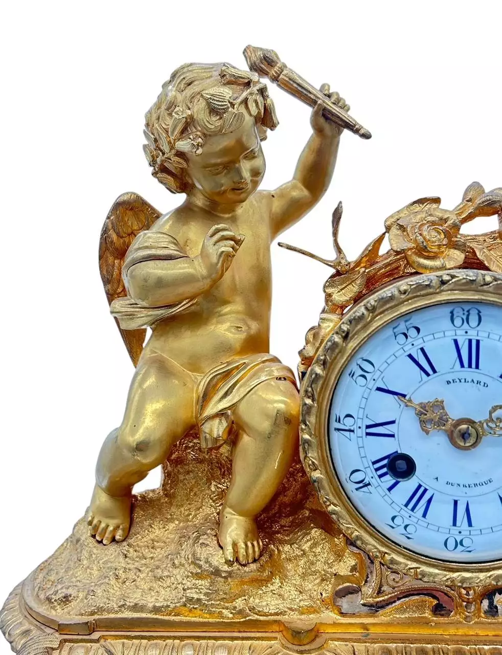 Fine Green Antique Hand painted Chinoiserie mantel Clock C1900, view 12