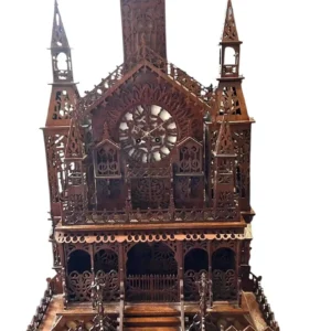 Extraordinary 102cm Antique Gothic Cathedral Fretwork Clock, Chimes of Normandy 8-Day Bell Striking Clock, Victorian Wooden Scroll Saw Folk Art