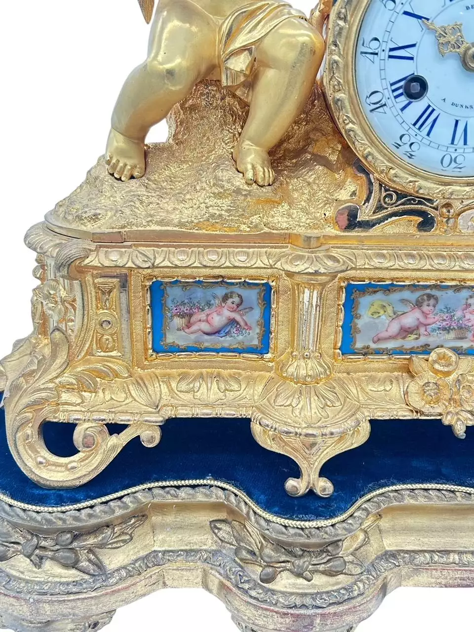 Fine Green Antique Hand painted Chinoiserie mantel Clock C1900, view 13