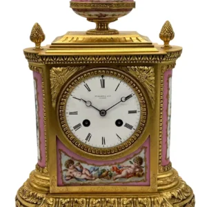 Outstanding Antique French Pink Sevres Ormolu Mantel Clock, ca1860