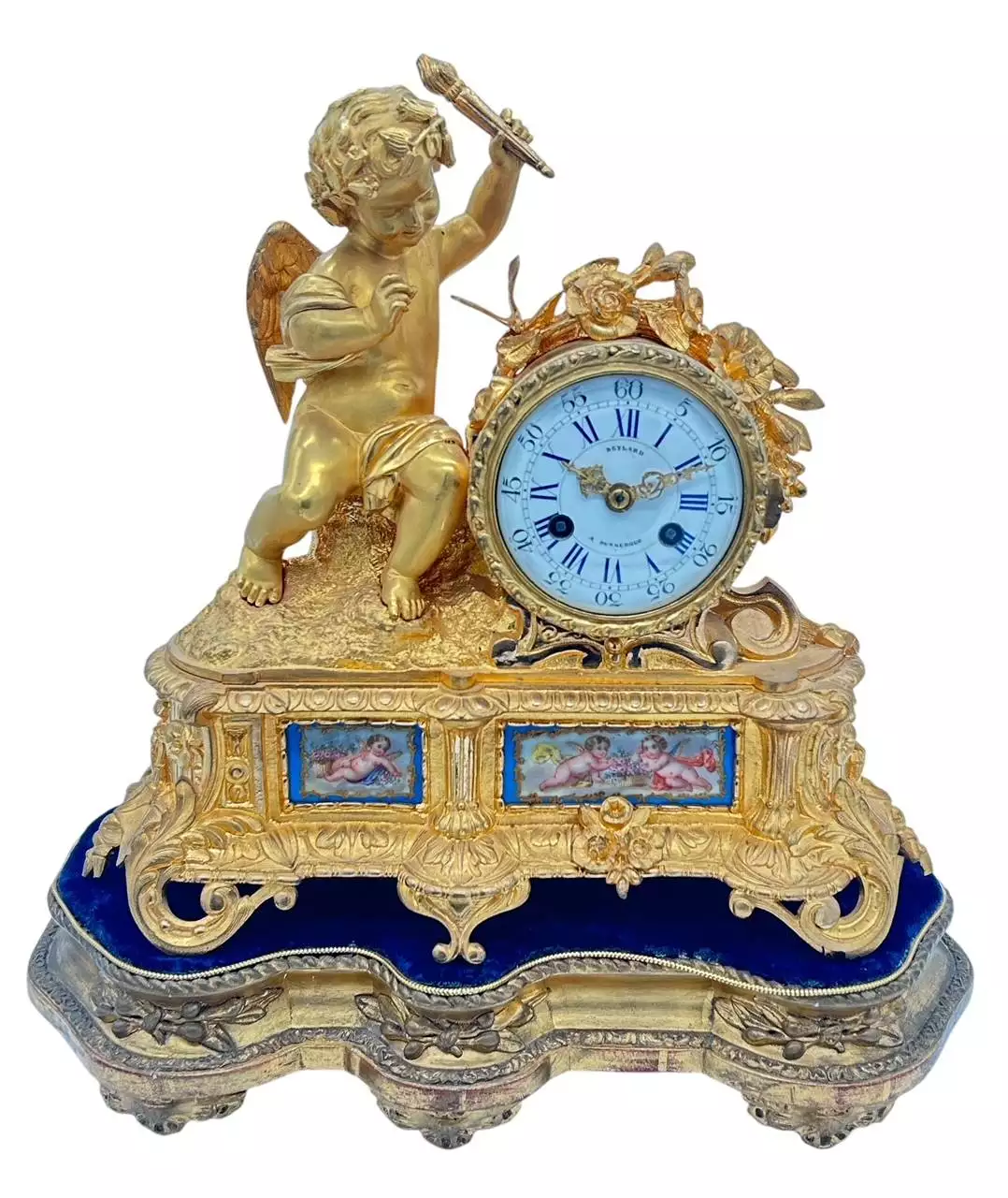 Fine Green Antique Hand painted Chinoiserie mantel Clock C1900, view 15