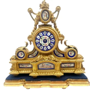Gilt Spelter Coalport Blue Sevres Mantel Clock, Cherub and Floral Design Panels