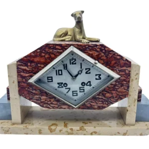 Exquisite French Art Deco Red & Grey Marble Dog Figural Mantel Clock, ca1920