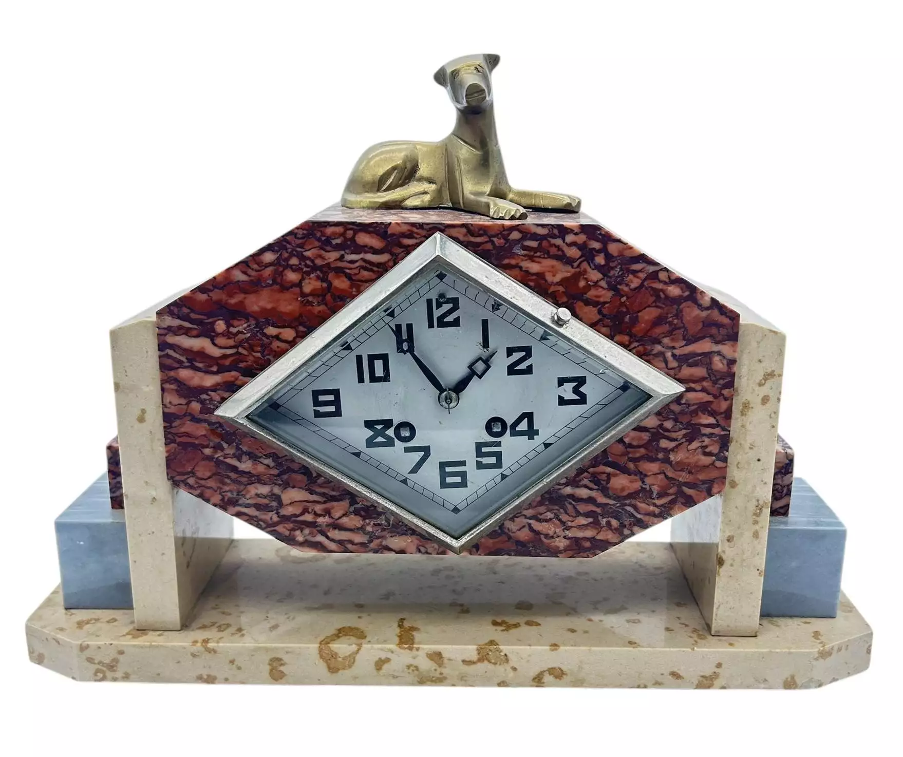 Exquisite French Art Deco Red & Grey Marble Dog Figural Mantel Clock, ca1920