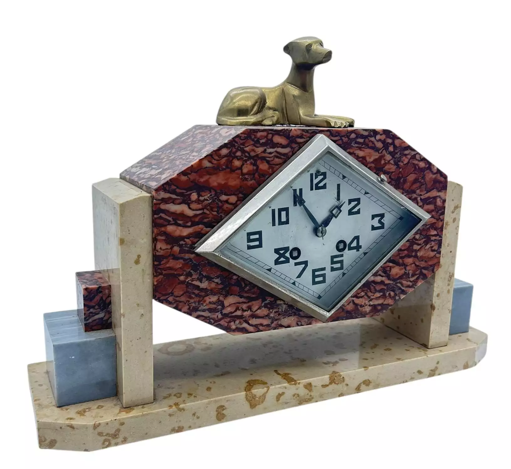 Exquisite French Art Deco Red & Grey Marble Dog Figural Mantel Clock, ca1920, view 8