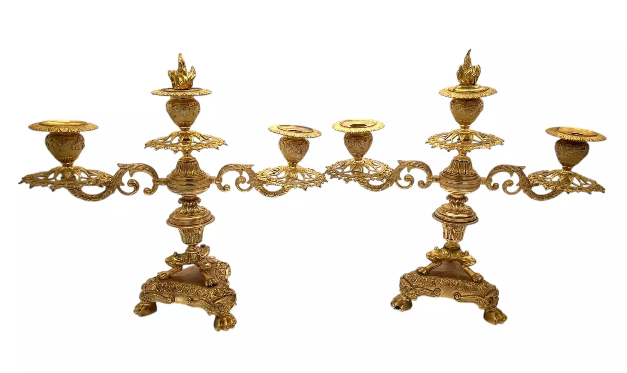 Stunning Antique French Ormolu Bronze 3 Branch Candlelabra Pair