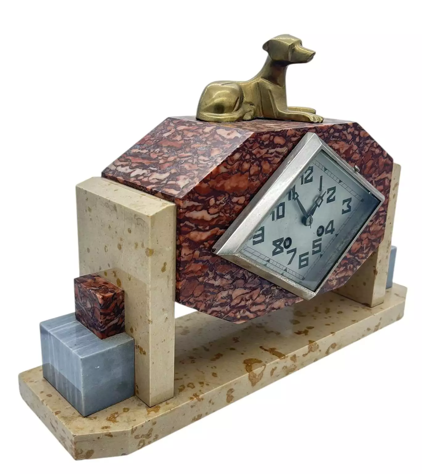 Exquisite French Art Deco Red & Grey Marble Dog Figural Mantel Clock, ca1920, view 9