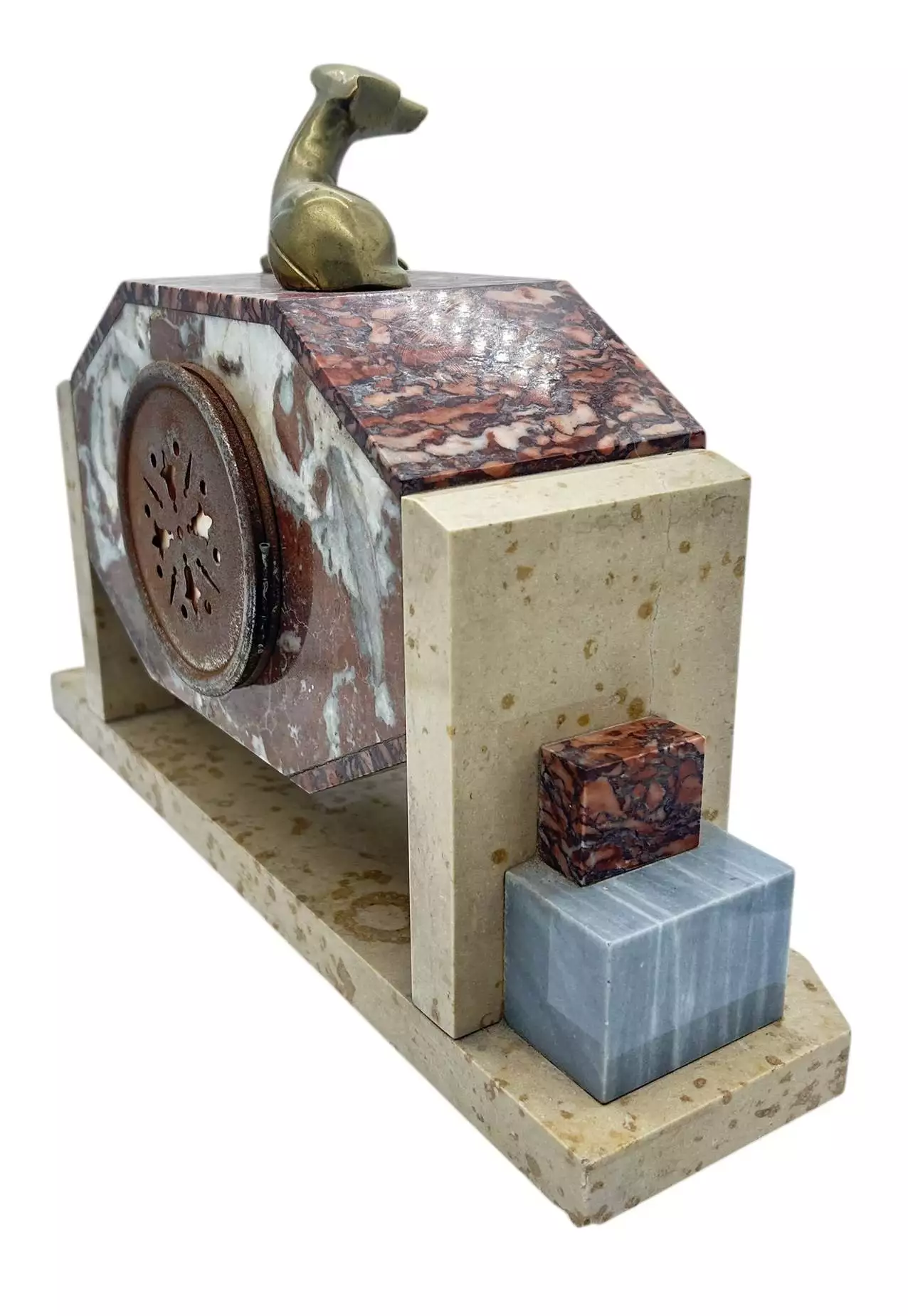 Exquisite French Art Deco Red & Grey Marble Dog Figural Mantel Clock, ca1920, view 10