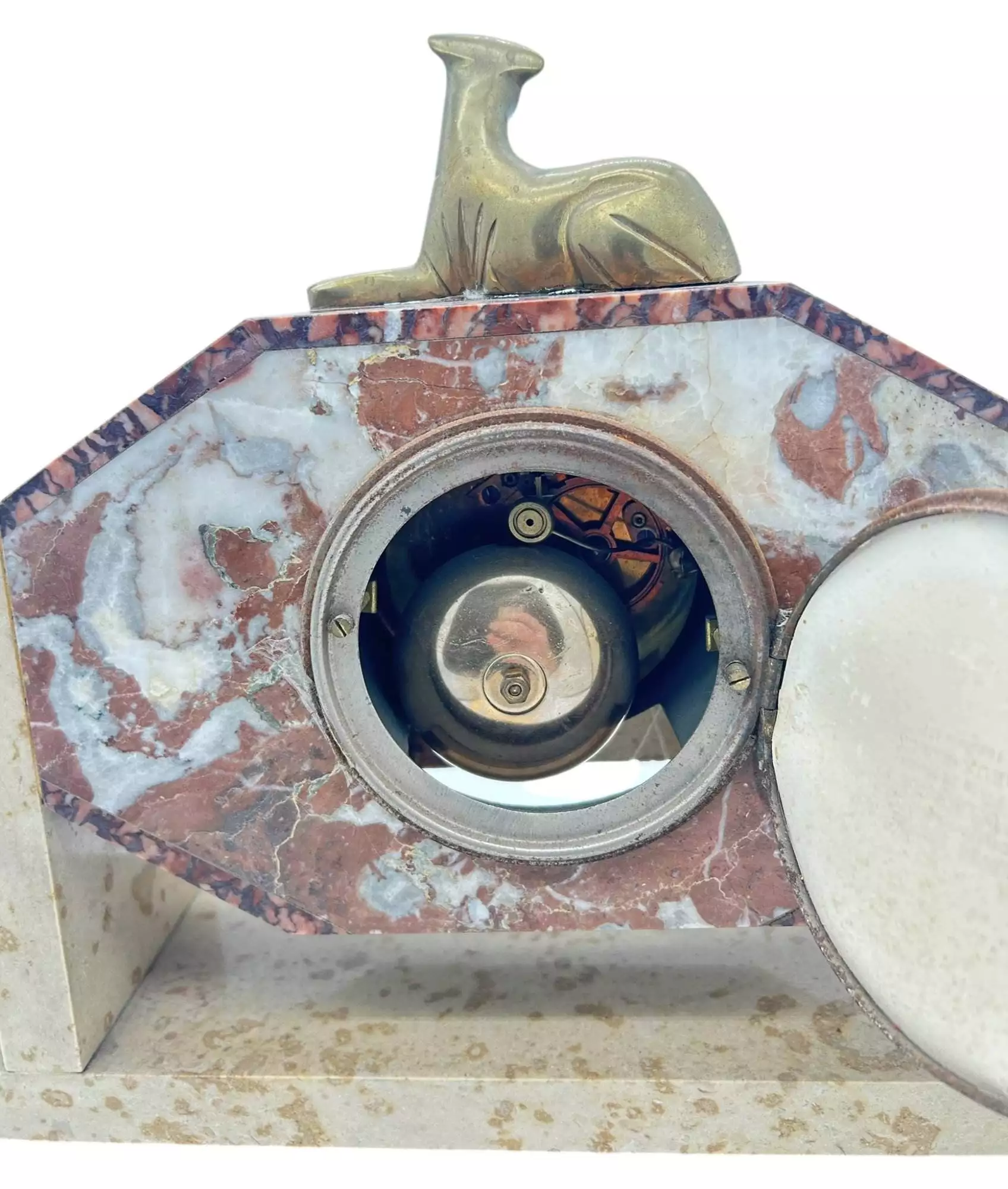 Exquisite French Art Deco Red & Grey Marble Dog Figural Mantel Clock, ca1920, view 11