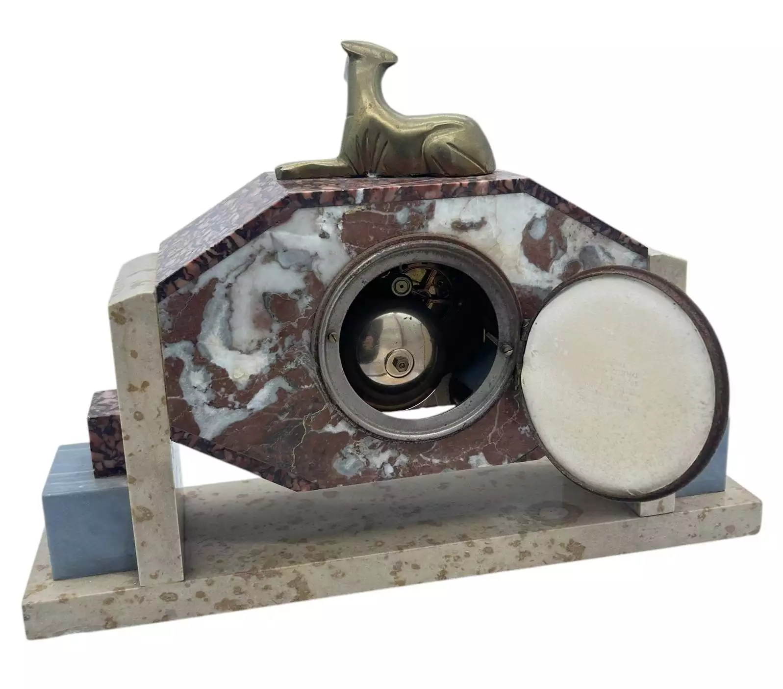 Exquisite French Art Deco Red & Grey Marble Dog Figural Mantel Clock, ca1920, view 3