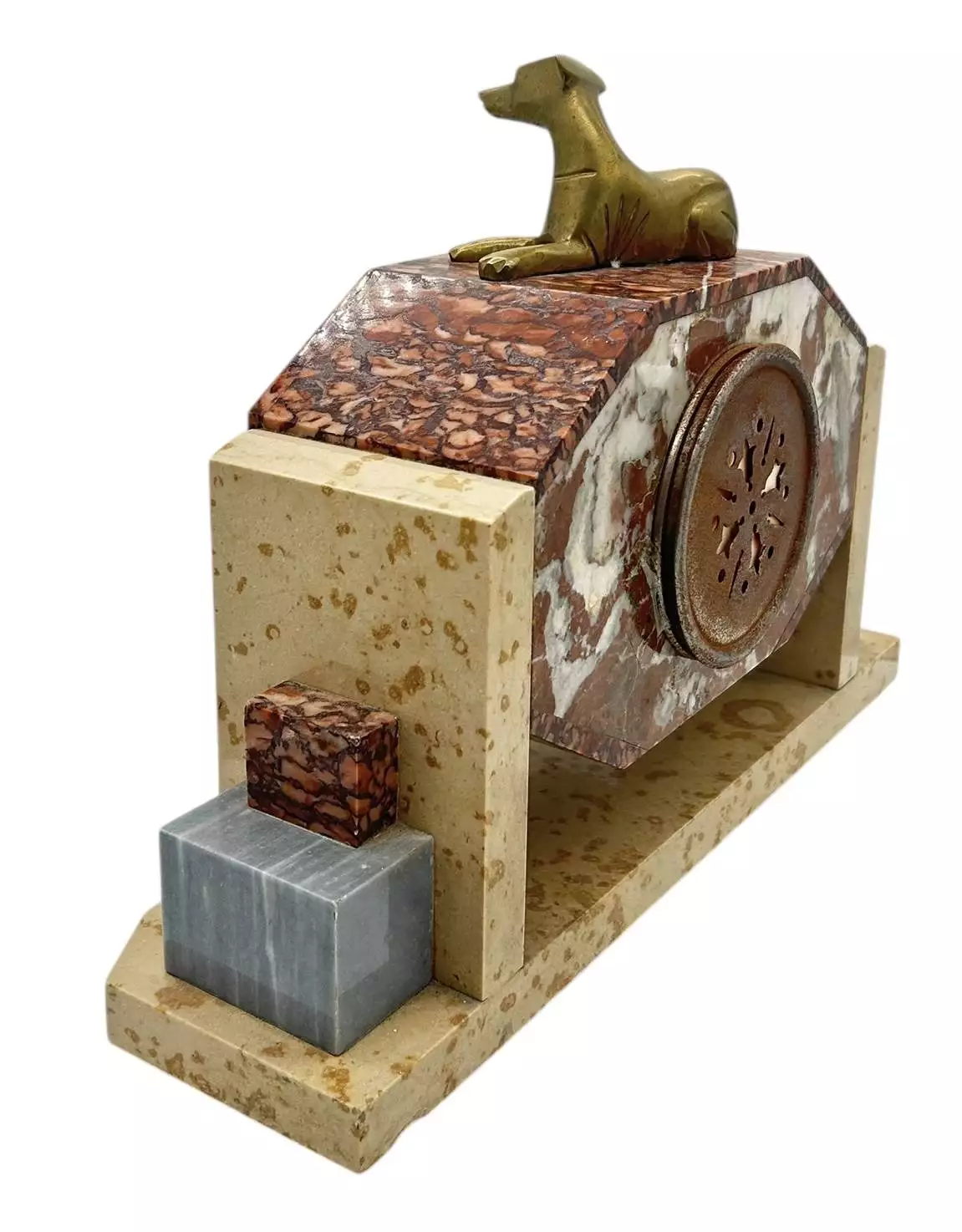 Exquisite French Art Deco Red & Grey Marble Dog Figural Mantel Clock, ca1920, view 7