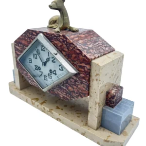 Exquisite French Art Deco Red & Grey Marble Dog Figural Mantel Clock, ca1920, view 2