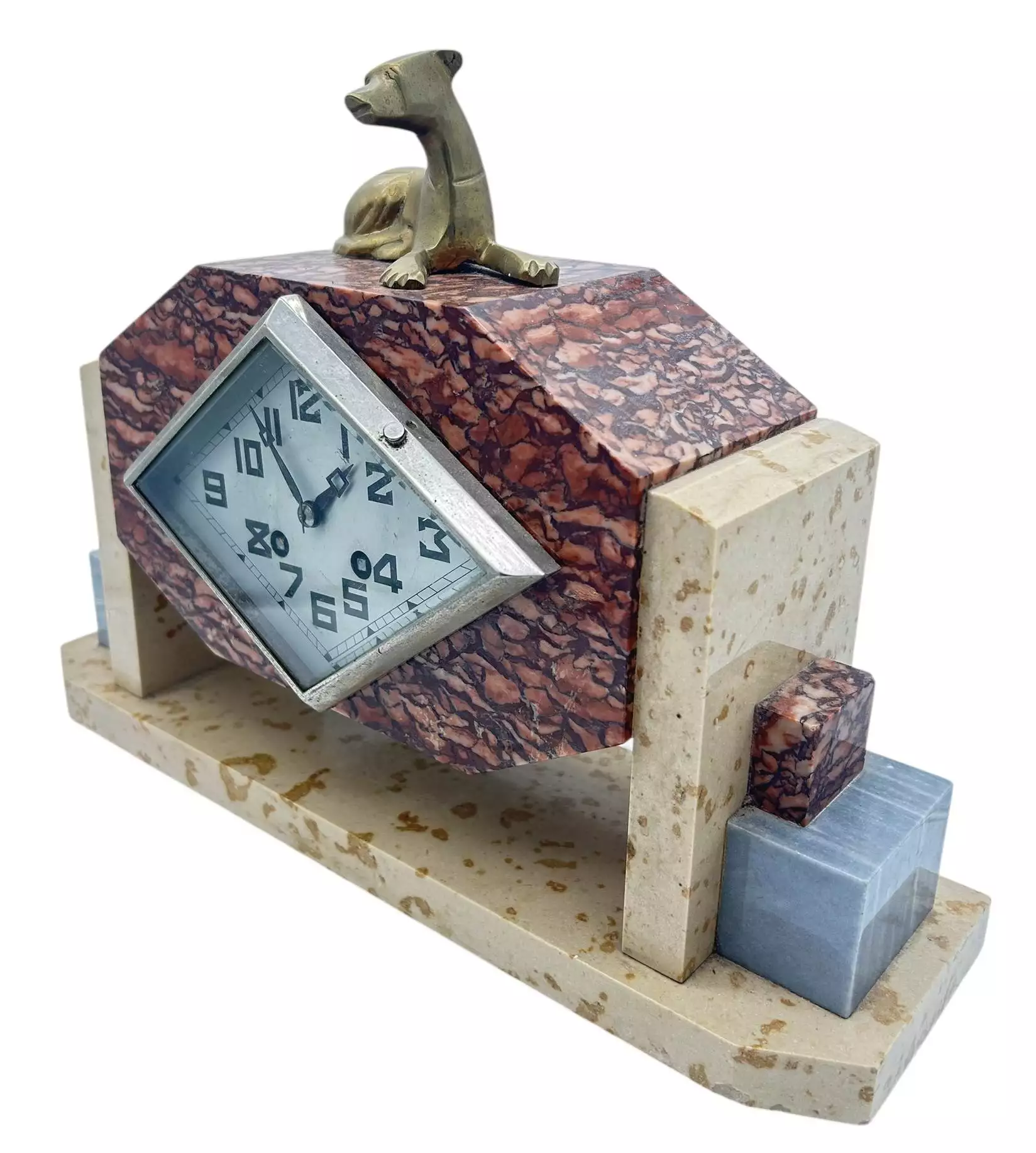 Exquisite French Art Deco Red & Grey Marble Dog Figural Mantel Clock, ca1920, view 2