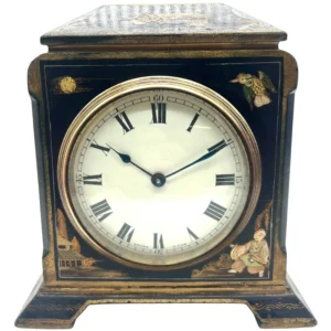 Quality Chinoiserie Mantel Clock, Black & Gold chinoiserie Clock- 8-Day Mantle Clock, Circa 1900