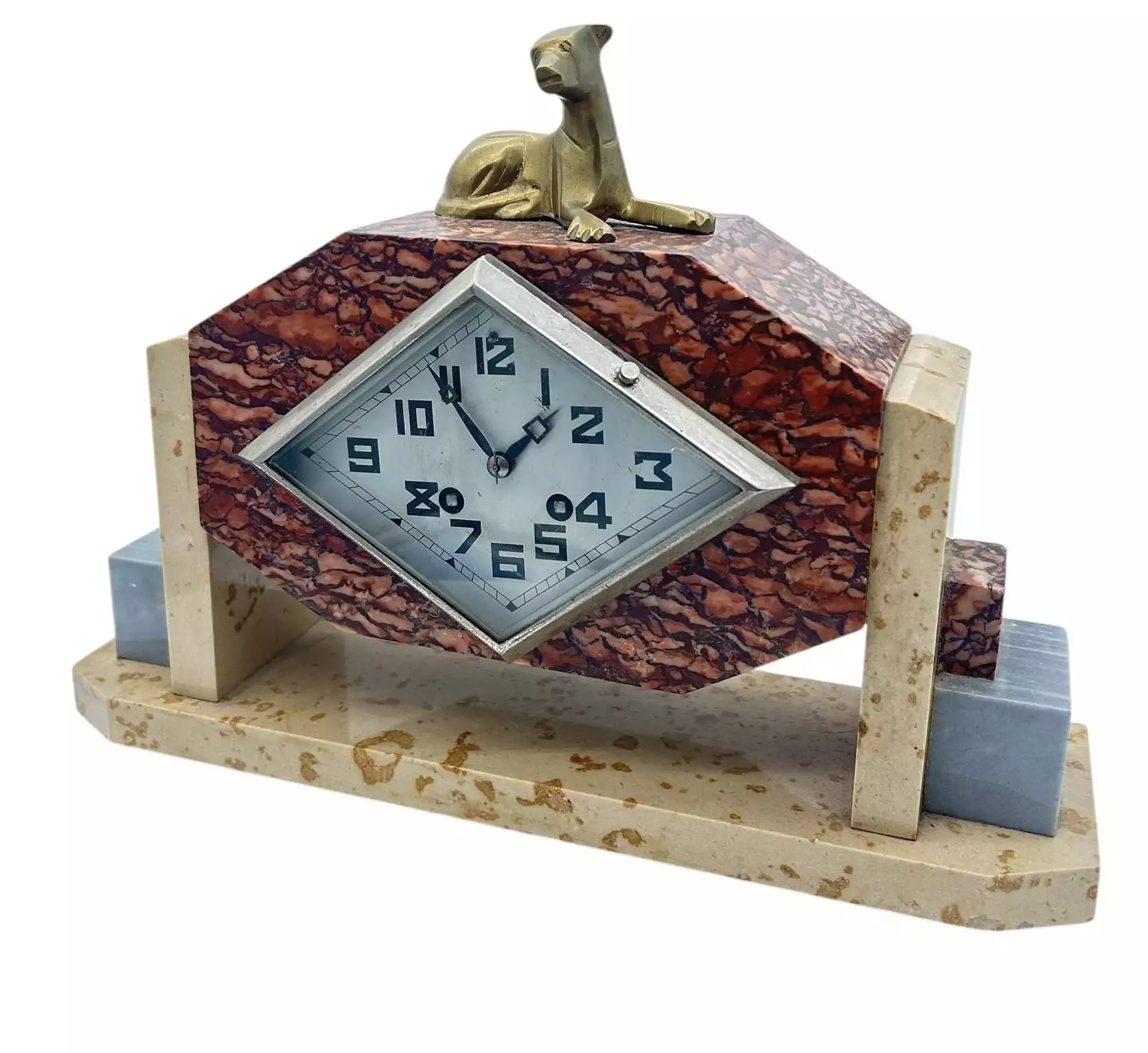 Exquisite French Art Deco Red & Grey Marble Dog Figural Mantel Clock, ca1920, view 5