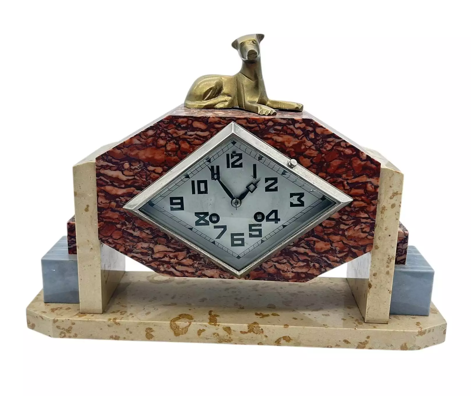 Exquisite French Art Deco Red & Grey Marble Dog Figural Mantel Clock, ca1920, view 6