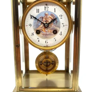 Interesting and Rare French Mantel Clock, 4 Glass Table clock with Elliott Pendulum and painted Father of Time Dial.