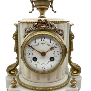 Solid White Marble French Mantel Clock With Ormolu Mounts, 8 Day Striking Mantle clock Circa 1890, view 2