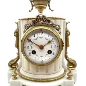 Solid White Marble French Mantel Clock With Ormolu Mounts, 8 Day Striking Mantle clock Circa 1890