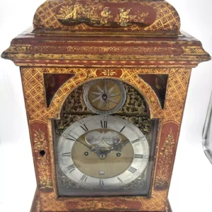 clock-image-202409-020 Outstanding Red Chinoiserie English Verge Twin Fusee Bracket Clock, Ca 1760, view 2